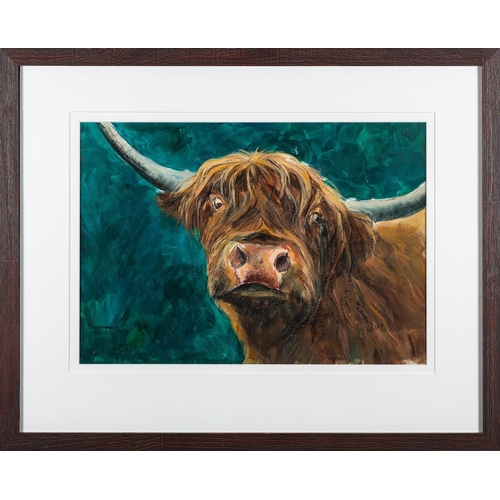 258 - Thuline (Belgian, 20th Century) Highland cow Acrylic and pastel  39.5 x 56.5cm Signed lower right