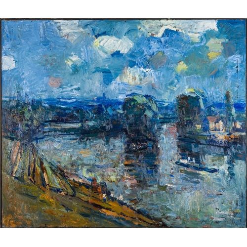 337 - Continental School (Contemporary) A landscape scene with a harbour Oil on canvas 111 x 130cm Signed ... 