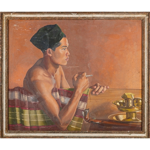 385 - Rupert Pease (British 1906 - 1945) Seated man smoking at a table with brass vessels Oil on canvas 62... 