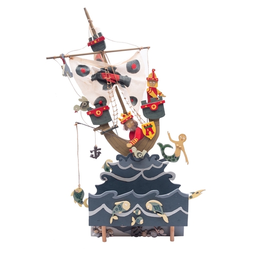 457 - Vicky Wood (nee Watts) and Tim Wood, untitled, painted wood automaton of a sailing ship with rolling... 