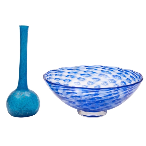 97 - An art glass bowl of footed circular form decorated with an encircling matrix of blue stained bubble... 