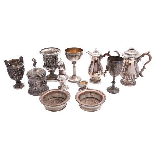 11 - A group of 19th century silver plate including an Old Sheffield plate campagna urn stamped H&A 68, a... 