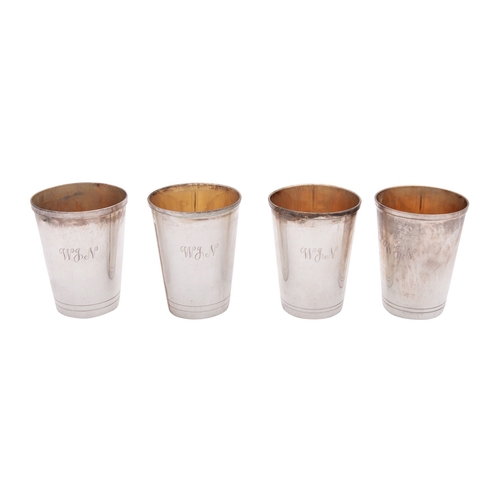 130 - A set of four silver hunting spirit beakers, maker's mark RS (not traced), Birmingham 1979, plain wi... 