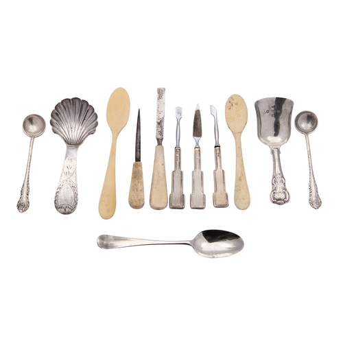 19 - A small collection of silver and bone mounted flatware and utensils, including: an English provincia... 
