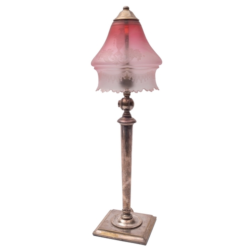 2 - A late Victorian silver plated adjustable electric table lamp and glass shade, not marked, pale pink... 