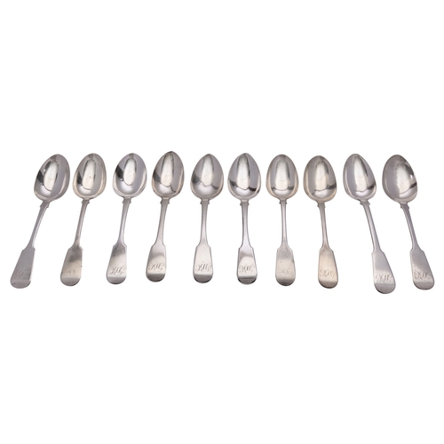 232 - Ten silver Fiddle pattern table spoons, comprising: five by John, Henry & Charles Lias, London 1829;... 