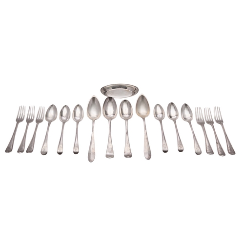 248 - A collection of silver flatware, comprising: five George III old English thread pattern dessert fork... 