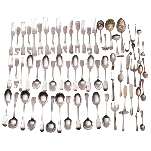 25 - A collection of silver plated items, comprising a quantity of Fiddle pattern flatware, a mug, an egg... 