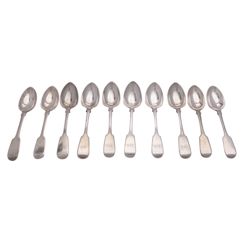 252 - A set of six Victorian silver Fiddle pattern dessert spoons by John Stone, Exeter 1861, together wit... 