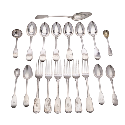 253 - A collection of Exeter silver Fiddle pattern flatware, including: six dessert spoons by John Stone, ... 