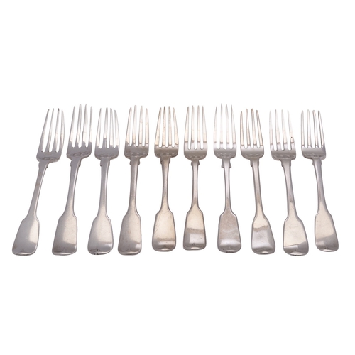 256 - A matched group of ten silver Fiddle pattern dessert forks, various dates and makers, all Exeter, a ... 