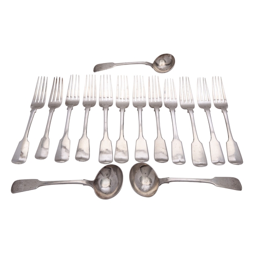 257 - Nine William IV silver Fiddle pattern table forks and three sauce ladles by William Eaton, London 18... 