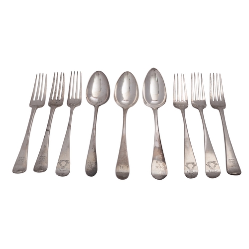 258 - Three George III silver Fiddle pattern table forks by Joseph Hicks, Exeter 1816, engraved with a cre... 