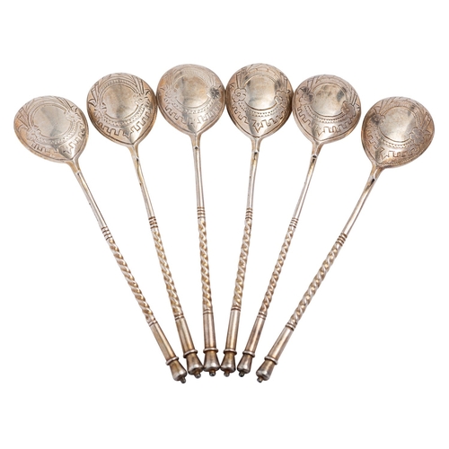 333 - A set of six Russian silver gilt teaspoons by Ivan Alexeyev, Moscow 1890, 84 zolotniki, engraved wit... 