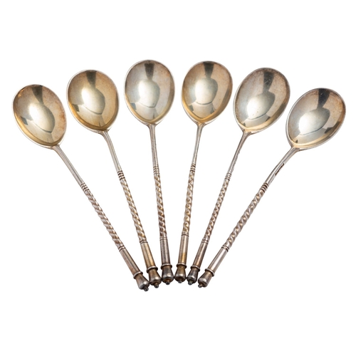 333 - A set of six Russian silver gilt teaspoons by Ivan Alexeyev, Moscow 1890, 84 zolotniki, engraved wit... 