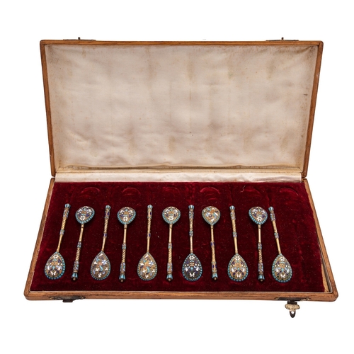 334 - A part set of eleven Russian silver gilt and enamelled small spoons by Sergi Shaposhnikov (1897-1908... 