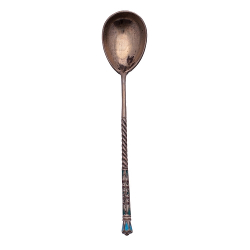 335 - A Russian silver and cloisonne enamel spoon by D. P. Nickitin, 1908-26 Kokoshnik mark for Moscow, 84... 