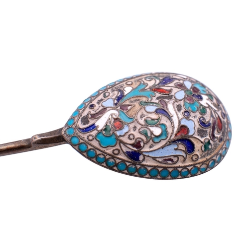 335 - A Russian silver and cloisonne enamel spoon by D. P. Nickitin, 1908-26 Kokoshnik mark for Moscow, 84... 