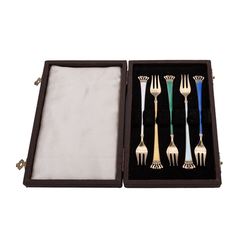 339 - A set of five Danish silver gilt and coloured enamel oyster forks by Egon Lauridsen (1936-66), Copen... 