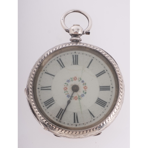 384 - A silver pocket watch the dual with floral decoration, the case hallmarked for Birmingham, 1908, wit... 