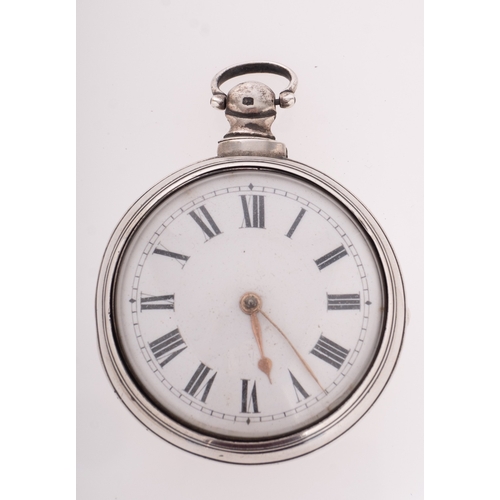 386 - A silver pair cased pocket watch the white enamel dial with black Roman numerals and gold hands, the... 