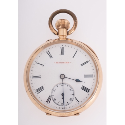 393 - Meridian, a 10ct gold open-faced pocket watch the dial having a subsidiary seconds dial, black Roman... 