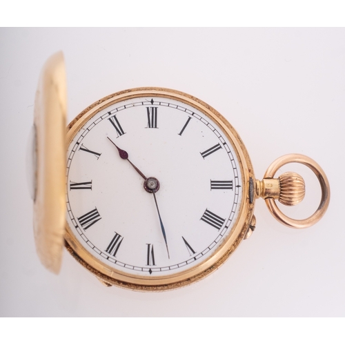 397 - A lady's 18ct gold half-hunter pocket watch the movement having a cylinder escapement with the dial ... 