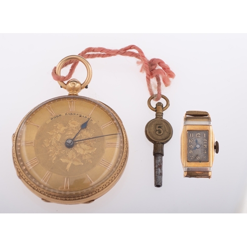 400 - Charles Ford, Barnstaple, a gold open-faced pocket watch the gold dial with engraved floral decorati... 