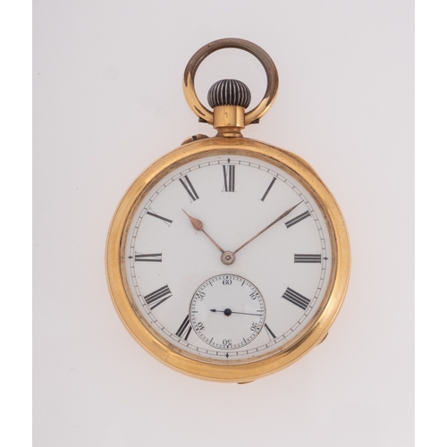 402 - An 18k gold open-faced pocket watch the white enamel dial with black Roman numerals, subsidiary seco... 