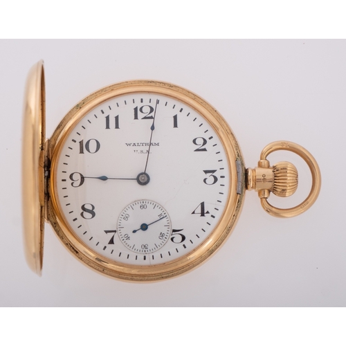 403 - Waltham USA, an 18ct gold hunter pocket watch the dial with Arabic numerals, blued steel hands and s... 