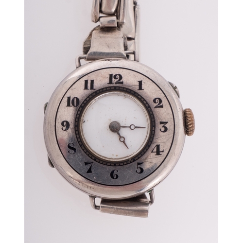 415 - A lady's silver half-hunter wristwatch the white enamel dial with blued-steel moon hands, the moveme... 