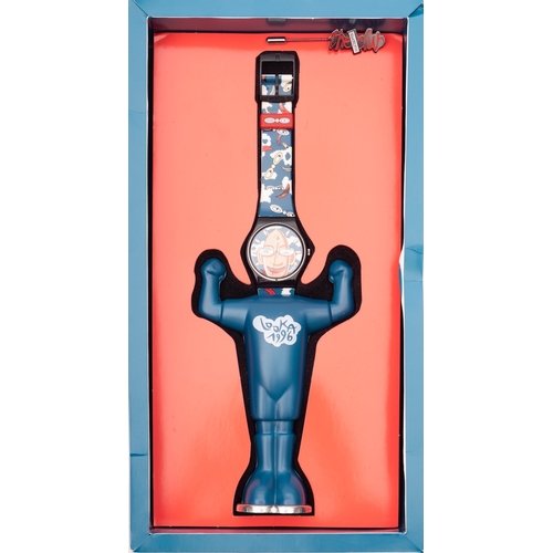 417 - Swatch a blue Looka watch in original box. Swatch a C-Monsta on the Beach red watch with green swimm... 