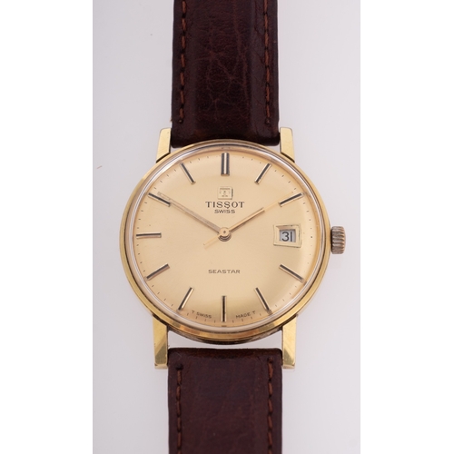 422 - Tissot Seastar a gentleman's quartz wristwatch with a gold-plated case and leather strap, diameter 3... 