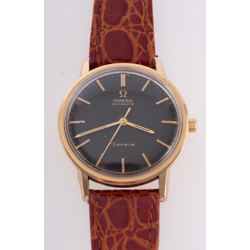 432 - Omega Automatic Genève a gentleman's 18ct gold wristwatch the round black dial with with raised bato... 