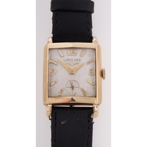 441 - Longines a gentleman's gold-filled wristwatch the dial with raised baton and Arabic numerals, subsid... 