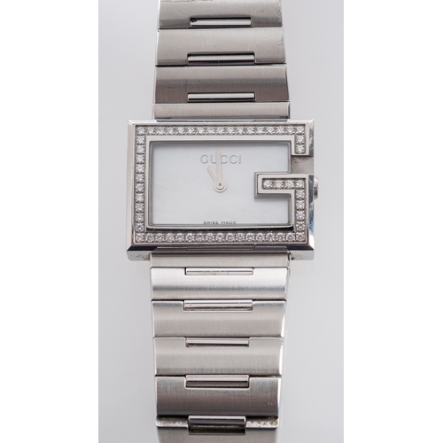 448 - Gucci, a stainless steel and diamond wristwatch, with quartz movement, with rectangular mother-of-pe... 