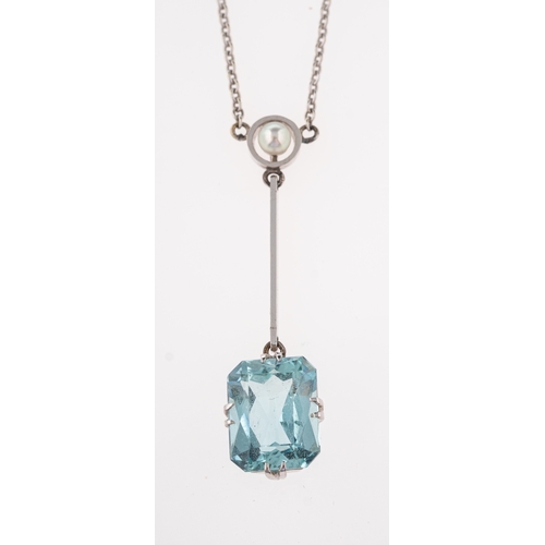 481 - An aquamarine and pearl pendant, the rectangular cut aquamarine claw set below a seed pearl, on a be... 