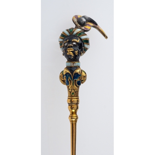 489 - An antique gold and gem set blackamoor pin, with finely detailed feathered turban, set with rose cut... 