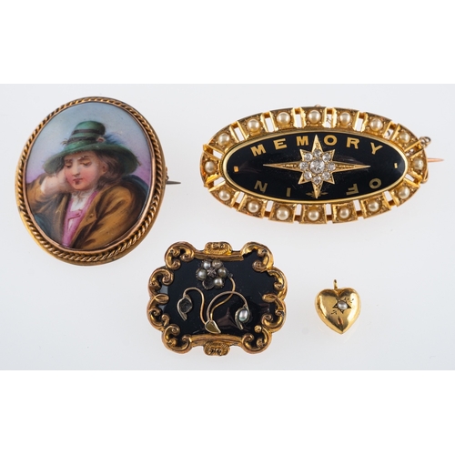 490 - Three antique brooches, a heart charm, a gold diamond and black enamel memorial brooch with gold let... 