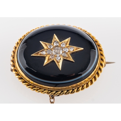 494 - A sardonyx, old and rose-cut diamond brooch, the diamonds set in a star motif, total estimated diamo... 