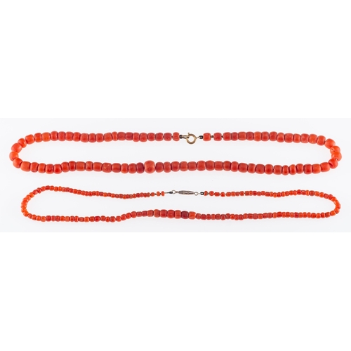 495 - An antique coral bead necklace of barrel form beads, largest 9mm, length 49cm, and a smaller bead ne... 