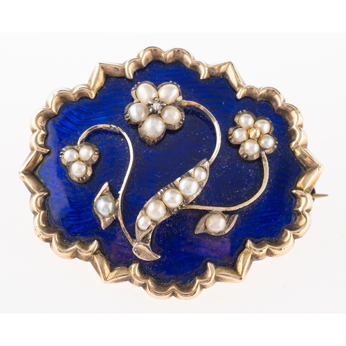 515 - A late Victorian enamel, pearl and diamond brooch, circa 1890, the oval blue enamel panel with a sca... 