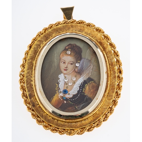 516 - A gold portrait brooch, with painting of lady in 18th Century costume, studded with paste stones, lo... 