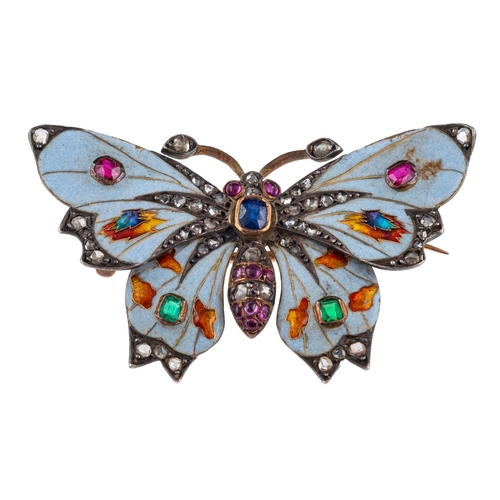 575 - A French Belle Epoque era butterfly brooch, the enamelled wings set with ruby and emerald, the body ... 