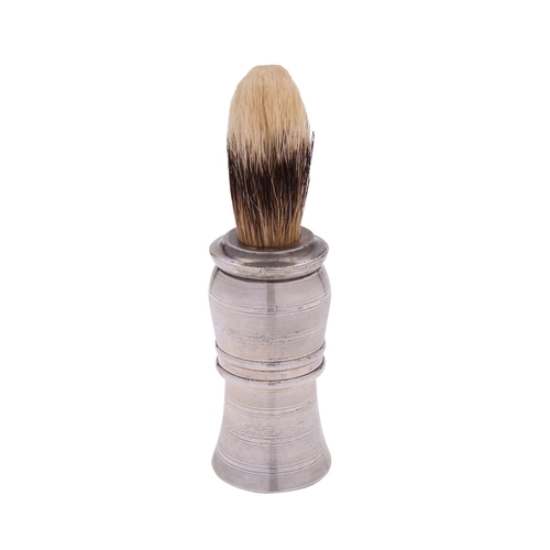 61 - A silver handled shaving brush by British Metallising Co. Ltd, London 1935,  linear engraved, 12.5cm... 