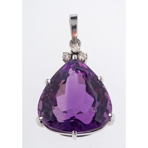 612 - An amethyst & diamond pear form pendant. set in 18ct white gold, total diamond weight 0.15 carat, pe... 