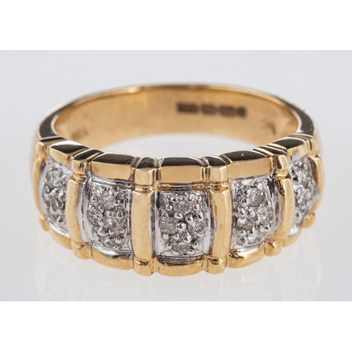 624 - A gold diamond set dress ring, with four pave set panels, total diamond weight 0.25 carat, ring size... 