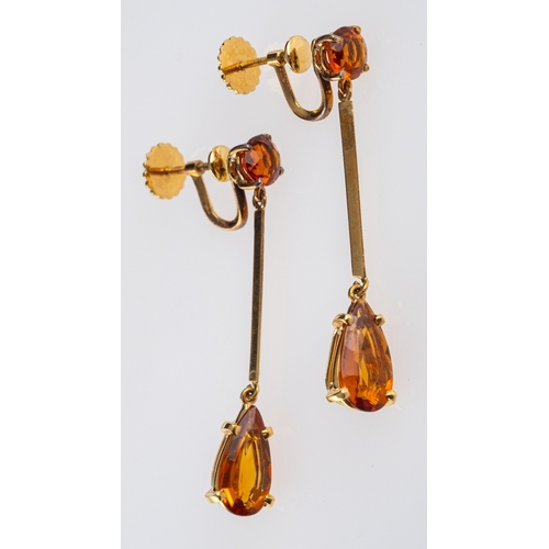 633 - A pair of tangerine citrine set drop earrings, set in unmarked gold,  screw fittings, length 4.4 cm