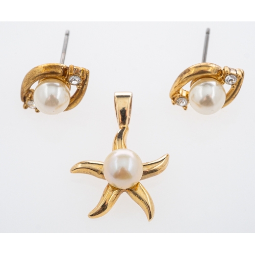 662 - A Starfish gold pendant set with a single pearl and a pair of pearl earrings, in Cornwall pearl pouc... 