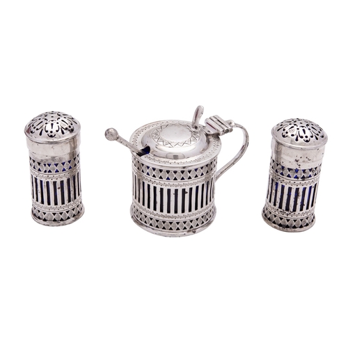 67 - An Edwardian silver three piece cruet set by Atkin Brothers, Sheffield 1901, pierced cylindrical, wi... 